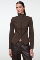 Women's brown fitted jacket with stand collar, button front, and asymmetric hem