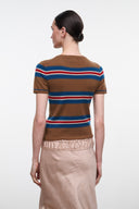 Brown cashmere tee with multicolor horizontal stripes and crew neck