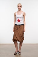 Silk midi skirt with dark brown drape, black elastic waistband, and drawstring cords