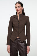 Women's brown fitted jacket with stand collar and button placket, asymmetric front panel