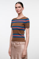 Striped cashmere crew-neck tee in brown with blue and red bands
