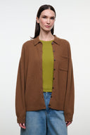 Cigar brown cashmere cardigan front view with pointed collar and chest patch pocket