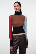Mock-neck color-block long-sleeve top with brown front panel and black midsection