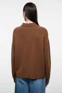 Cigar brown cashmere cardigan back view with ribbed hem and long sleeves
