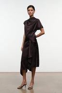 Dark brown silk midi dress with high neck, short sleeves, draped wrap waist and layered hem