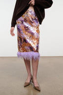 Galaxy print midi pencil skirt with lavender feathered hem, side view
