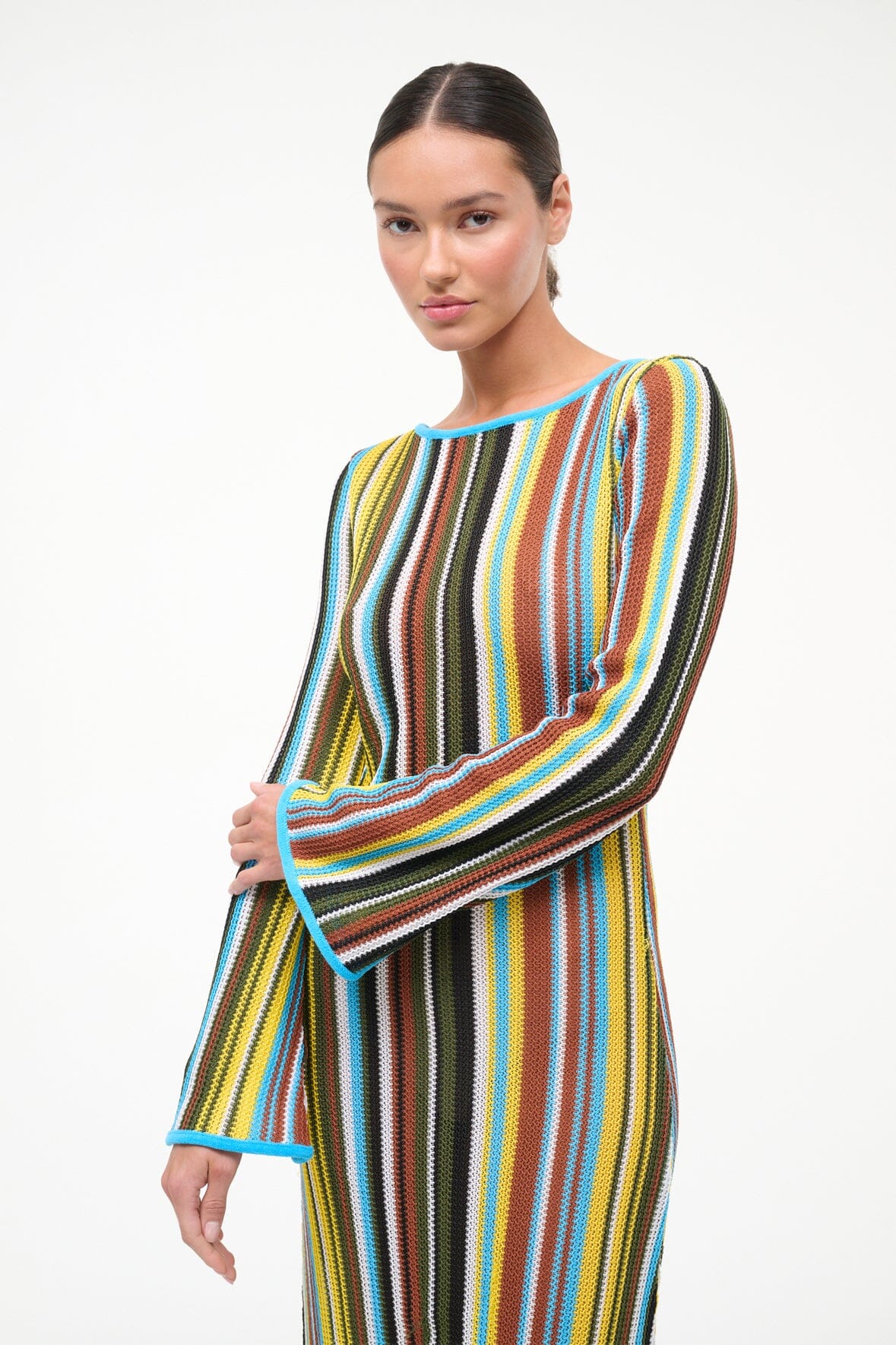 staud brown striped dress STAUD, Abbott Dress in Redondo Stripe Multi, Size Large