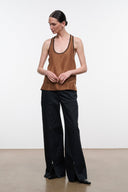 Black wide-leg trousers with front pockets and relaxed straight legs