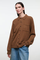 Cigar brown cashmere cardigan with button front, pointed collar, and chest patch pocket