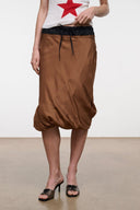 Silk midi skirt in dark brown with black elastic waist and long drawstring ties