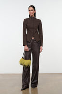 Women's brown fitted jacket with stand collar and button front, asymmetric lower edge