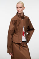 Cigar brown zip-up jacket with high collar, snap buttons, and drawstring hem pockets