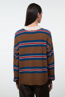 Cashmere sweater with brown base, multicolor striped sleeves, and ribbed white collar