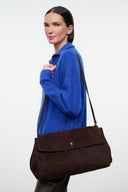Oversized espresso-brown shoulder bag with long strap and front flap pocket
