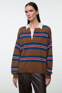 Cashmere sweater with brown, red, and blue horizontal stripes; collared neckline