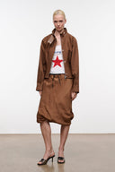 Silk midi skirt in dark brown with black elastic waistband and pleated draped silhouette
