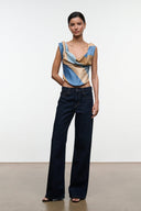 Silk top with twisted drape front and wide straps, tan and blue stripe