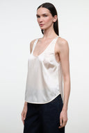 Ivory silk tank top with scoop neckline and thin straps (front view)