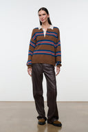 Cashmere sweater with brown and multicolor horizontal stripes, long sleeves and collared neckline