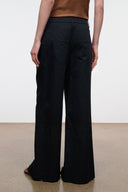 Black wide-leg pants with back darts and relaxed straight legs
