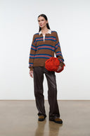 Cashmere sweater with brown and multicolor horizontal stripes, long sleeves and collared neckline