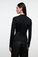 Black long-sleeve top, V-back with fitted seams