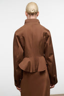 Cigar brown back view of jacket with flared peplum hem and stand collar; patch pockets