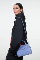 Light blue mini carryall handbag with top handles and logo front panel