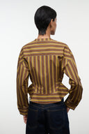 Striped top, back view, long-sleeve brown and navy vertical stripe blouse