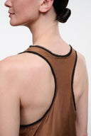 Brown silk tank top with contrast black racerback trim