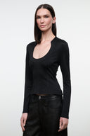 Black fitted long-sleeve scoop-neck top with curved waist seam
