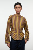 Striped top, front view, long-sleeve brown and navy striped blouse with collar