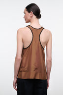 Brown silk tank top back view with contrast black racerback trim