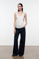 Ivory silk tank top with thin straps and scoop neckline (full view)