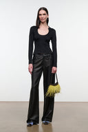Black long-sleeve scoop-neck top with smooth front and fitted silhouette