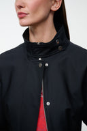 Black jacket with stand collar, snap front, and zipper placket details