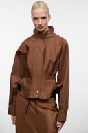 Cigar brown jacket front view with high collar, snap buttons, and drawstring hem pockets
