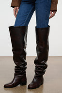Over-the-knee boots, dark espresso distressed leather, wide shaft, rounded toe