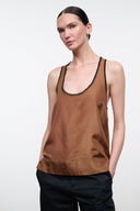 Brown silk tank top front with scoop neck and contrast black trim