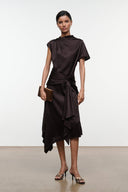 Dark brown silk midi dress with high neck, short sleeves, wrap waist knot and layered asymmetric hem