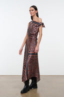 One-shoulder silk dress, black rust and cream geometric zigzag pattern, asym midi length