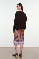 Galaxy print midi pencil skirt with lavender feathered hem, back view