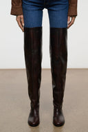 Over-the-knee boots, dark espresso distressed leather, tall shaft with pull-on look