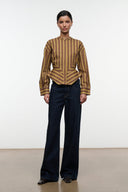 Striped top, front view, long-sleeve vertical stripe blouse with stand collar