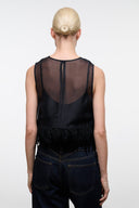 Black sleeveless sheer top with fringe hem, open back