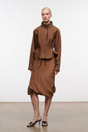 Cigar brown jacket full view with stand collar, snap front, and drawstring hem; patch pockets