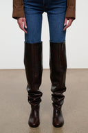 Over-the-knee boots, dark espresso distressed leather, straight-on pair, low block heel