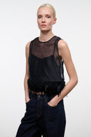 Black sleeveless mesh top with fringe hem and high neckline