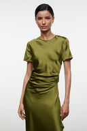 Olive green silk midi dress with short sleeves, draped ruched waist