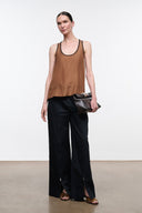 Brown silk tank top front view with contrast black trim